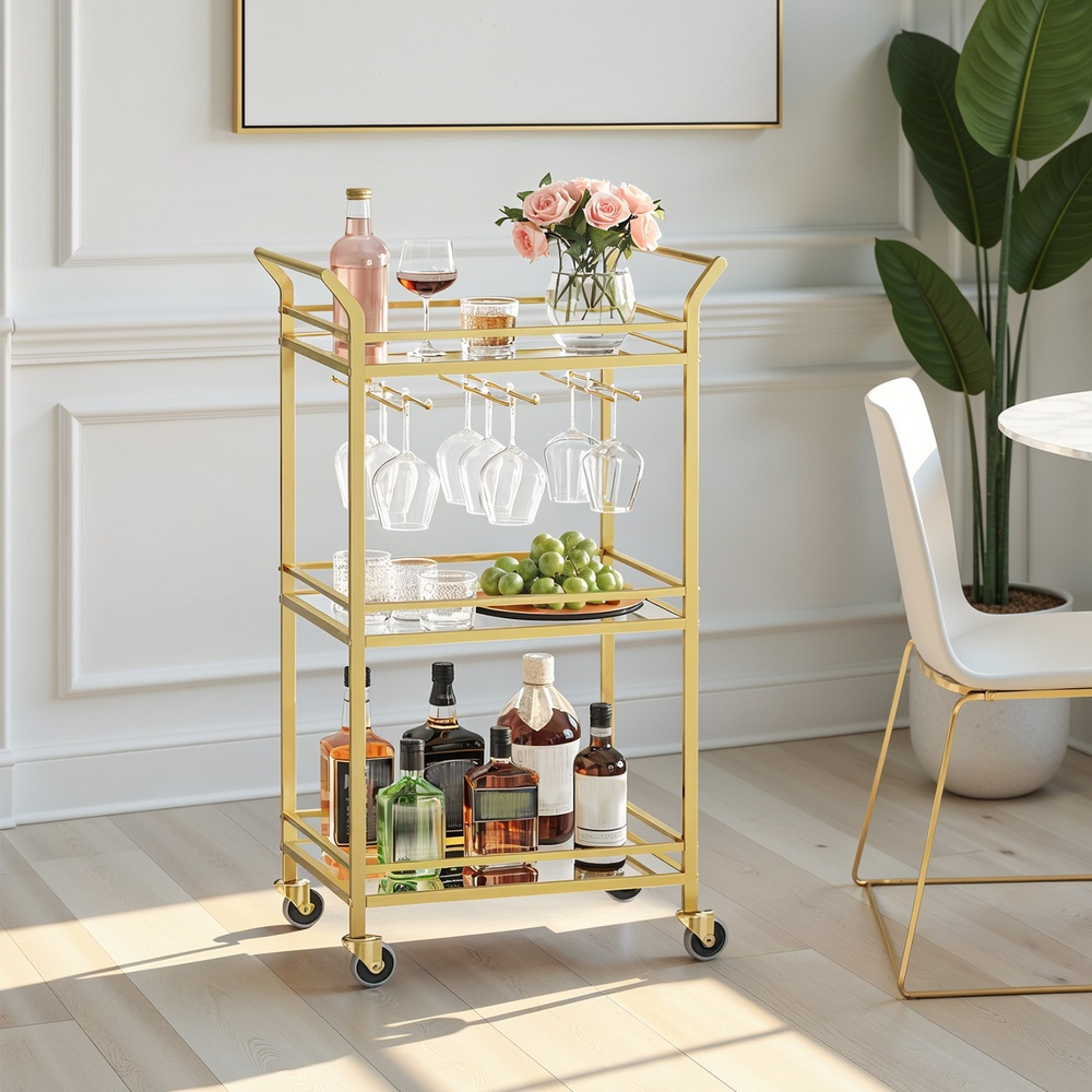 Image of 3-tier Serving Cart With Wheels, Handles, And Glass Shelves For Kitchen, Dining Room, Or Bar