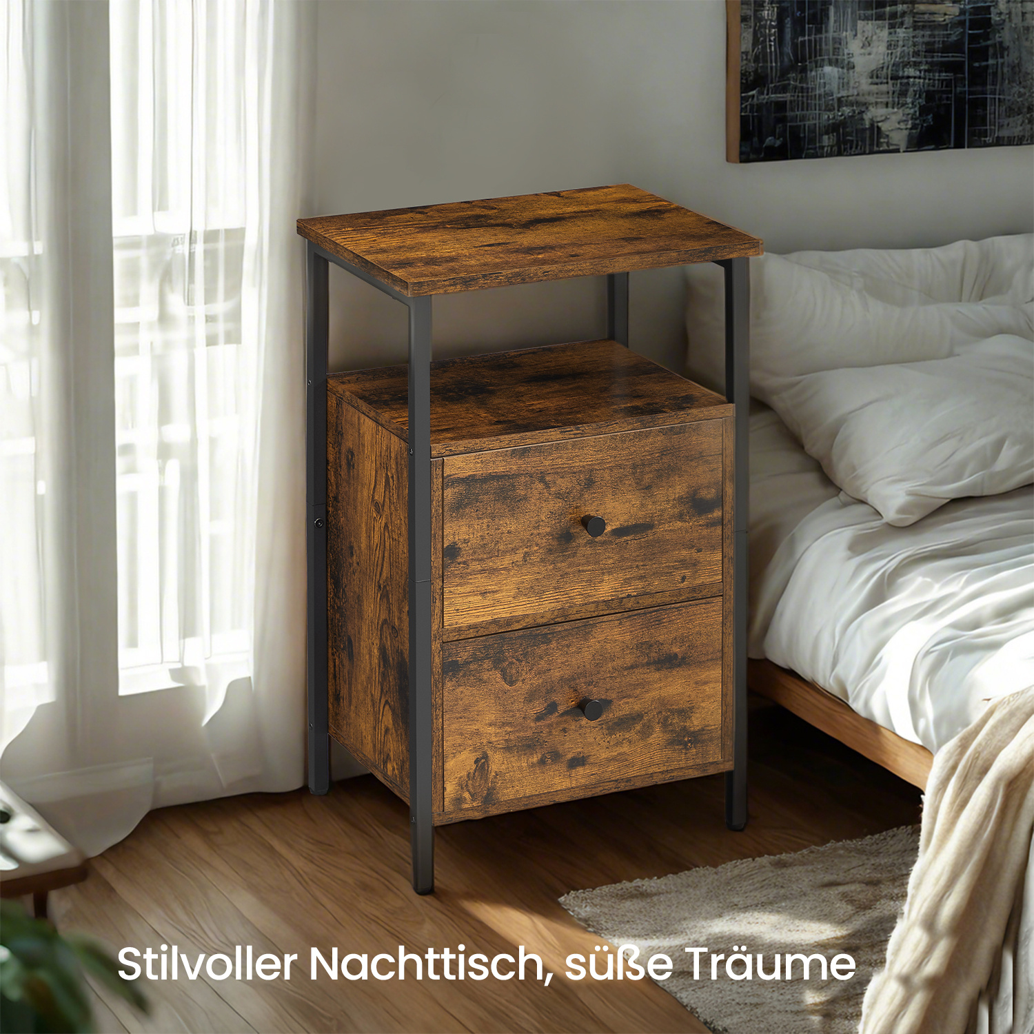 Nightstand, Side Table, With 2 Drawers, Bedroom, Living Room, , -black