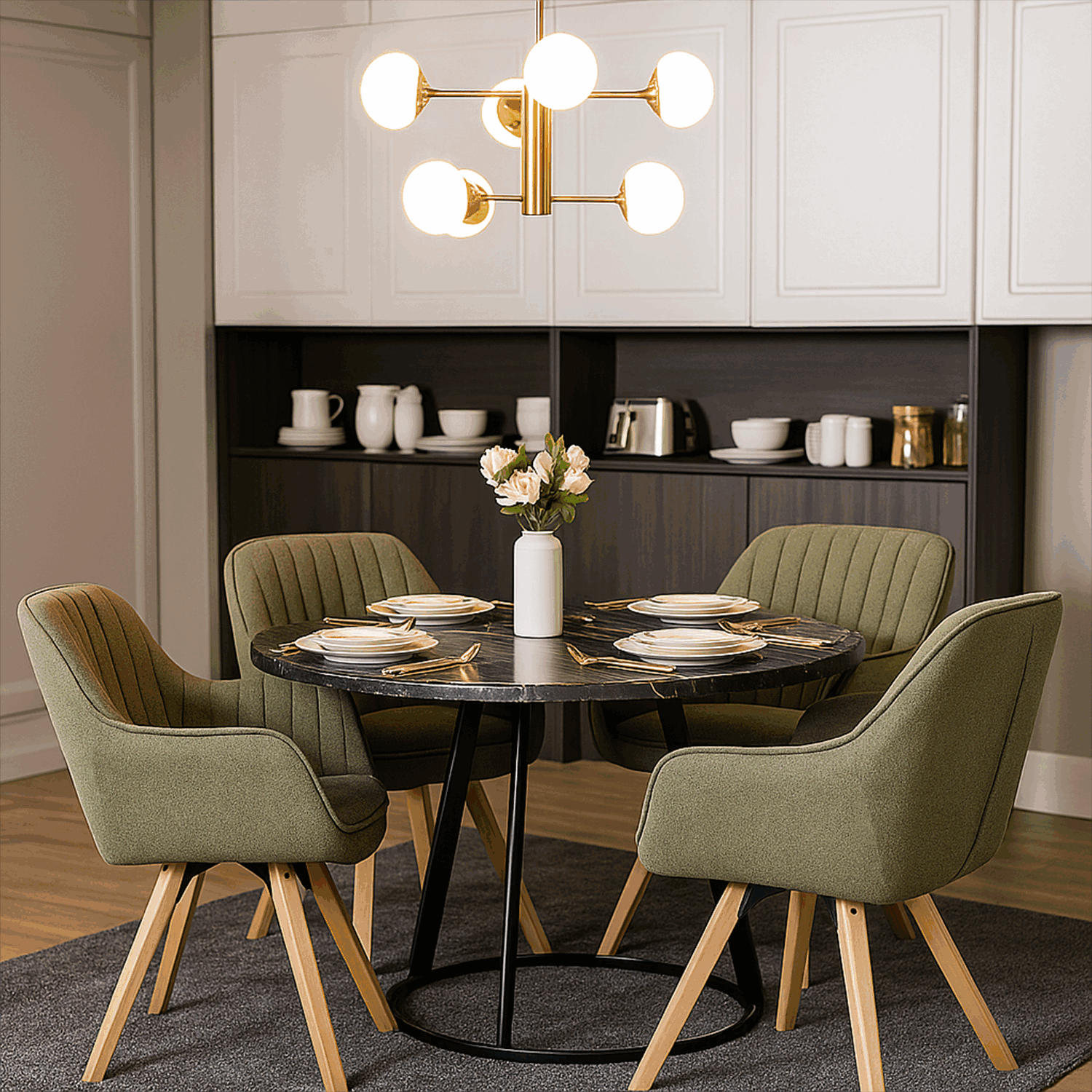 Meuble Cosy 4pc Modern Fabric Kitchen Chair With Metal Frame, Wood Legs & , Green Upholstery Dining Chairs, Vertical , Scandinavian Style 58 X 61 X 83 Cm