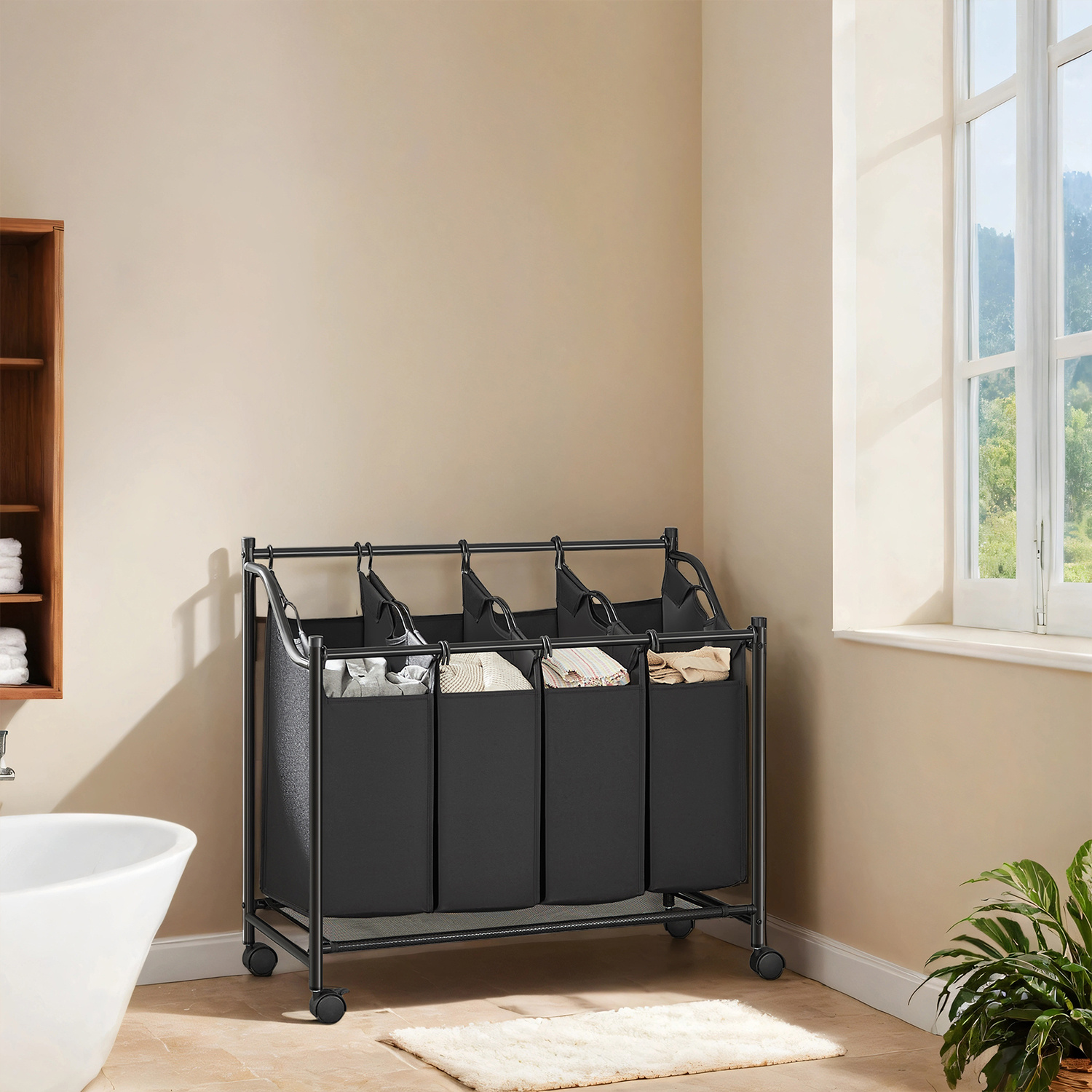 E-shop Wäschekorb mit Rollen, 4 x 35 L, Wäschesammler mit 4 abnehmbaren Wäschesäcken, Wäschewagen