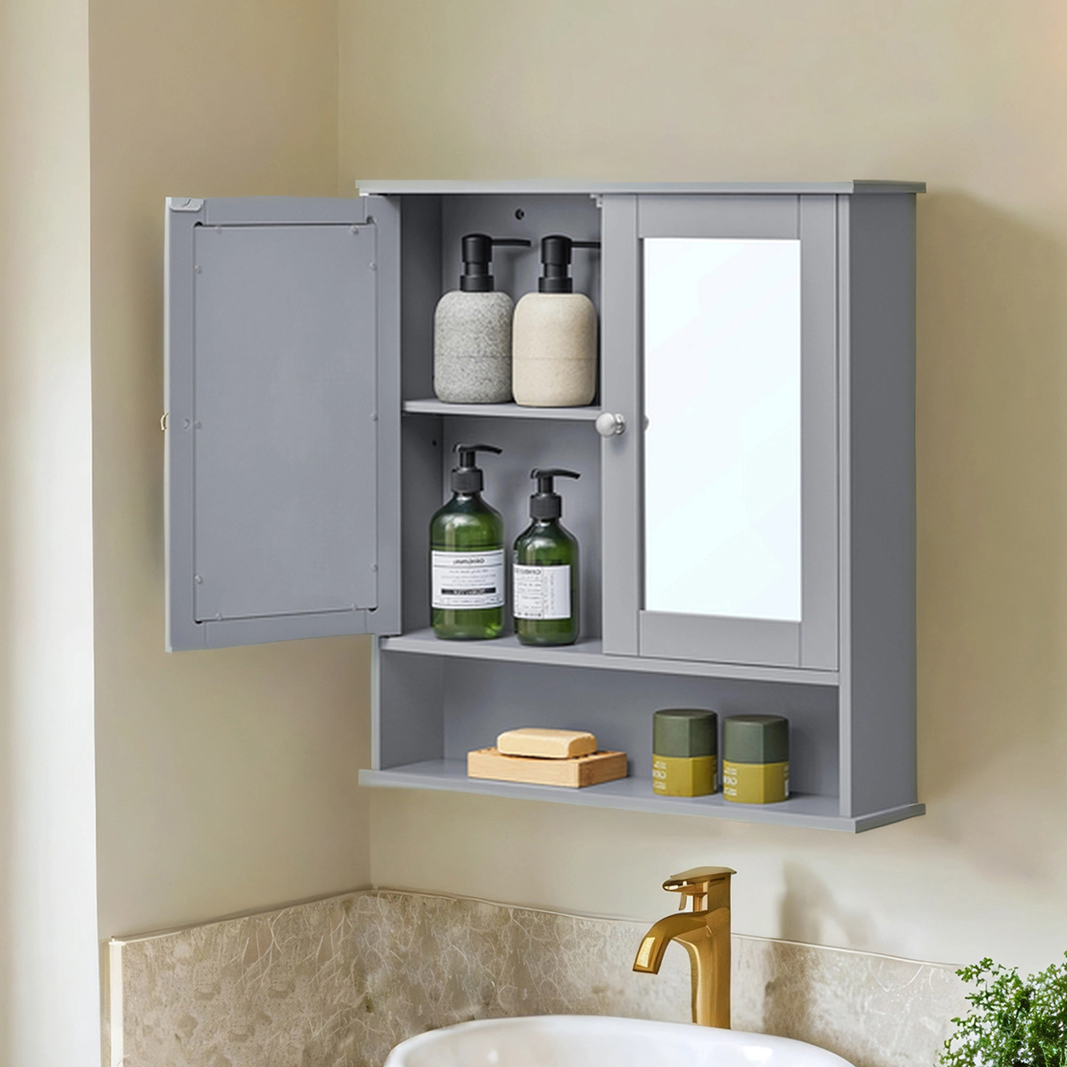 E-shop Spiegelschrank, Badschrank, Wandschrank, Hängeschrank mit 2 Spiegeltüren und offenem Fach, Wandmontage, 13 x 56,5 x 58,5 cm