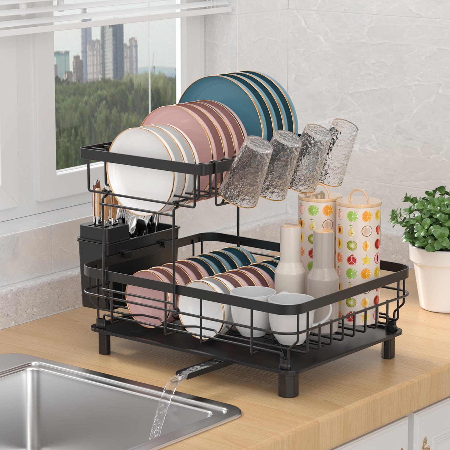 dish drainers double layer dish rack with drainage plate and rotating nozzle with tableware rack and cup holder perfect gift for women wife mothers day kitchen gadget