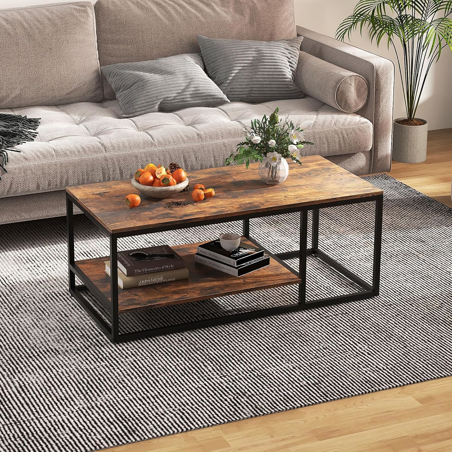 2 Levels Living Room Coffee Table With Storage Shelf, Industrial Wood Coffee Table Metal Frame