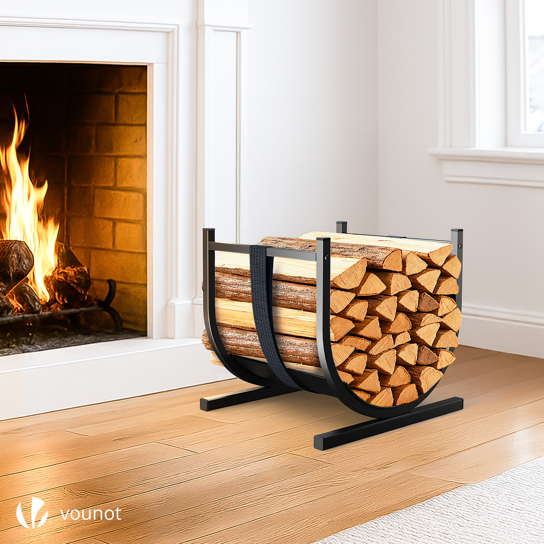 TEMU VOUNOT Range Bûches de Bois en U Métal 41x37x39.5cm avec Sangle Sécurité Ajustable 30kg Charge Max - Porte Bûches Fond Surélevée Intérieur