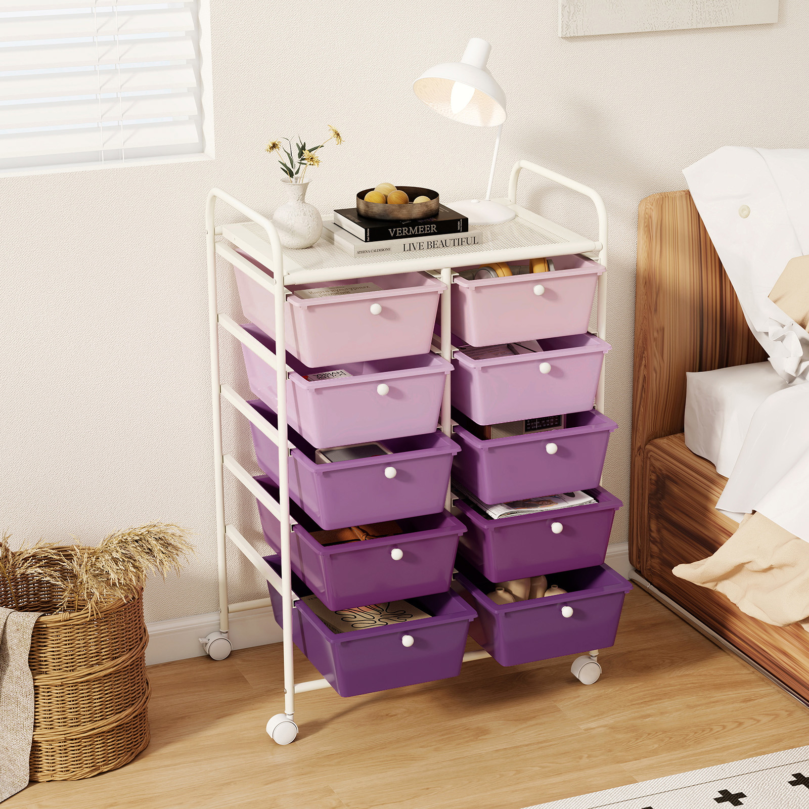 Rolling Trolley With 10 Drawers, Stackable Drawer Trolley With Shelf & Metal Frame, Bathroom Shelf