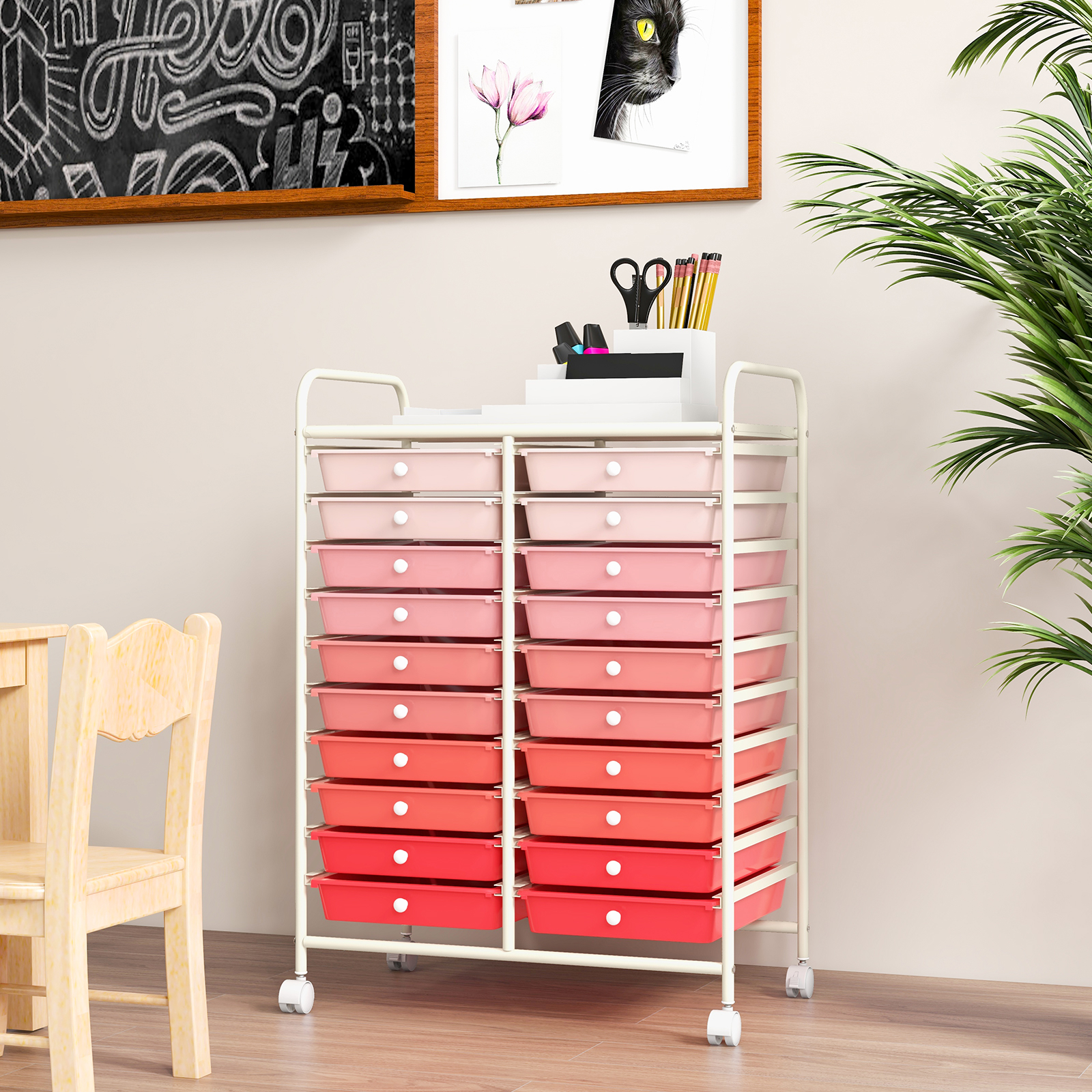 20 Drawers Rolling Storage Cart, Art Craft Organizer On Wheels, Multipurpose Mobile Rolling Utility Storage Organizer For Home/office/school Supplies, Tools, Paper, Pink Gradient