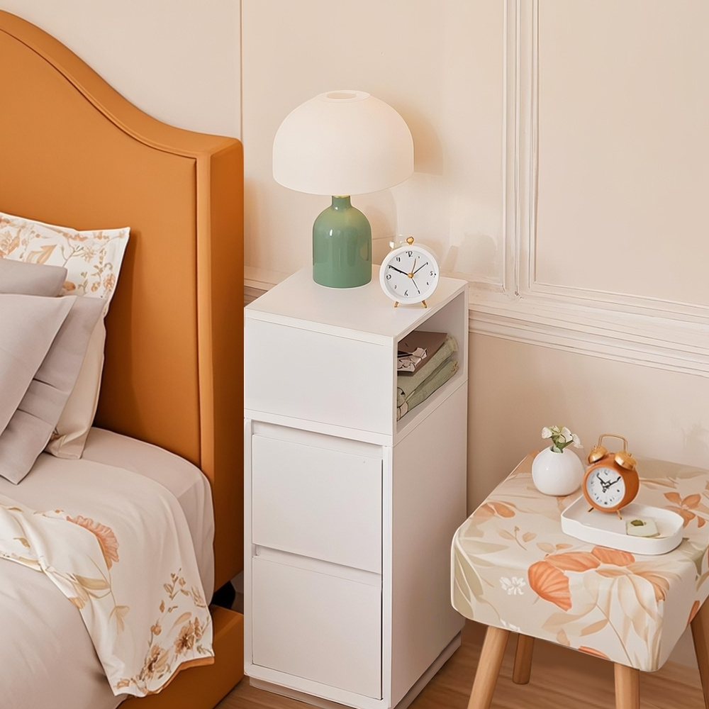 E-shop Nachttisch, schmal, Beistelltisch mit 2 Schubladen, offenes Fach, Schlafzimmer, Wohnzimmer