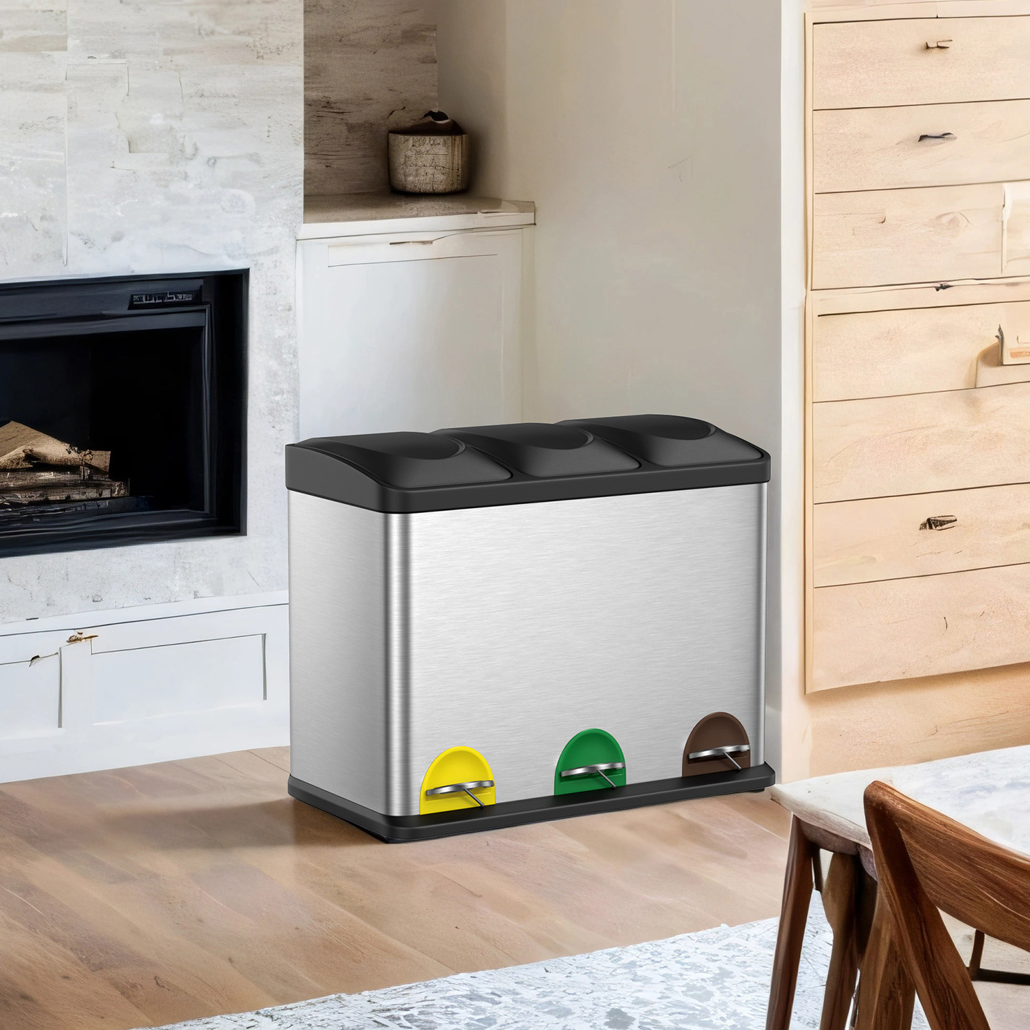 3-compartment Trash Can, Kitchen Waste Sorting System, Metal Step Bin, 3 X 15 Liter, 60.5 X 40.5 X 48.5 Cm, Pedal Bin With Lid