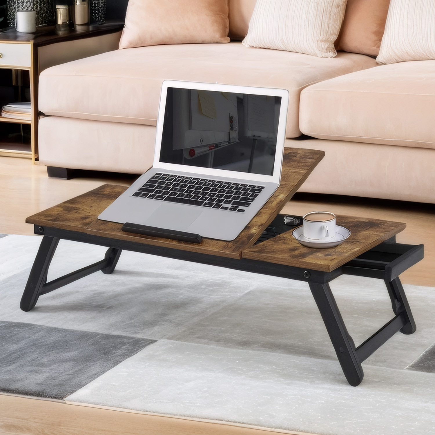Laptop Desk, Laptop Stand For Bed And Sofa, Foldable Legs, Height Adjustable, Small Drawer, 71 X 35 Cm