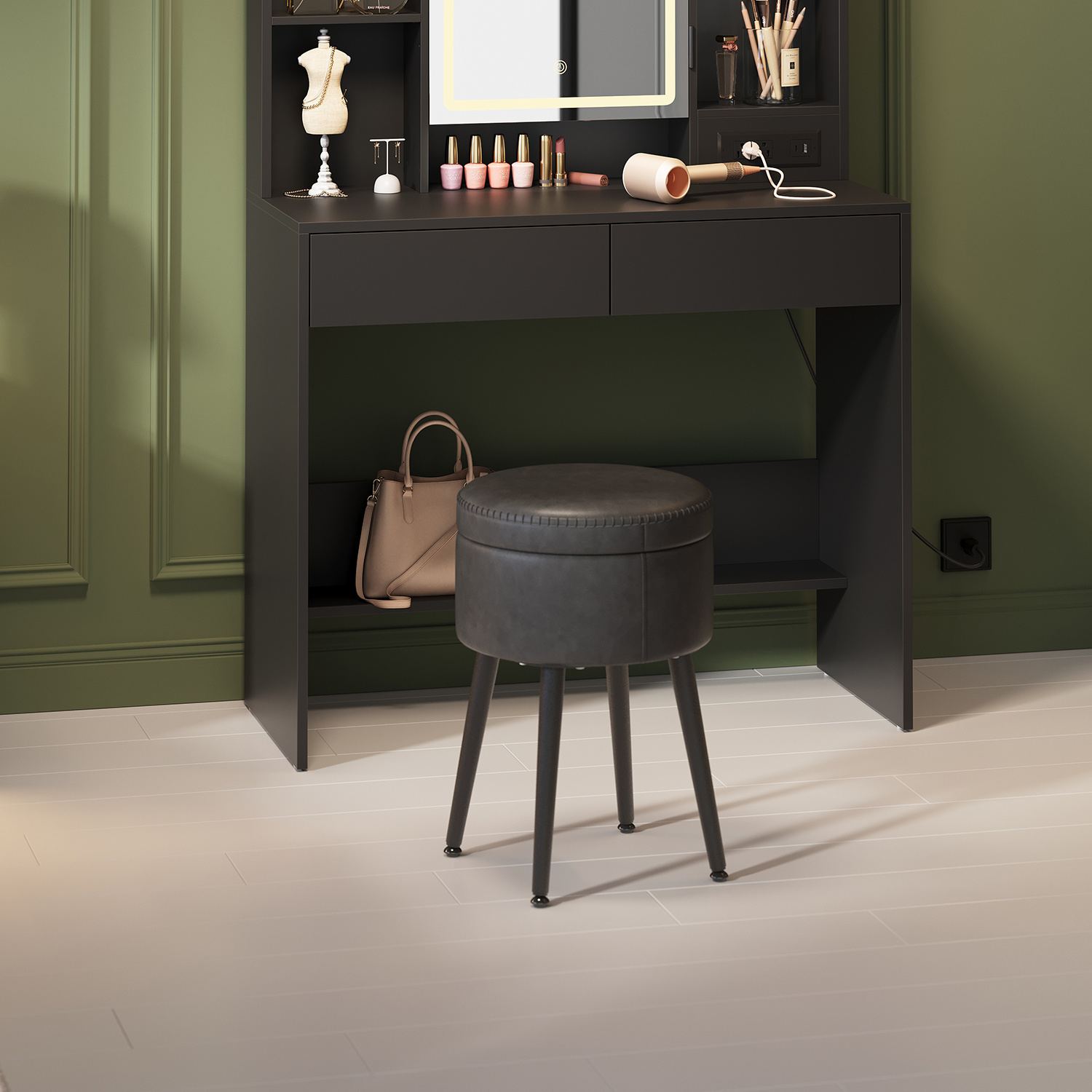E-shop Sitzhocker, Sitzbank mit Stauraum, Sitztruhe, Kunstleder, rund, Stahlbeine, Nähte, Mid-Century-Modern-Stil, modern, bis 150 kg belastbar