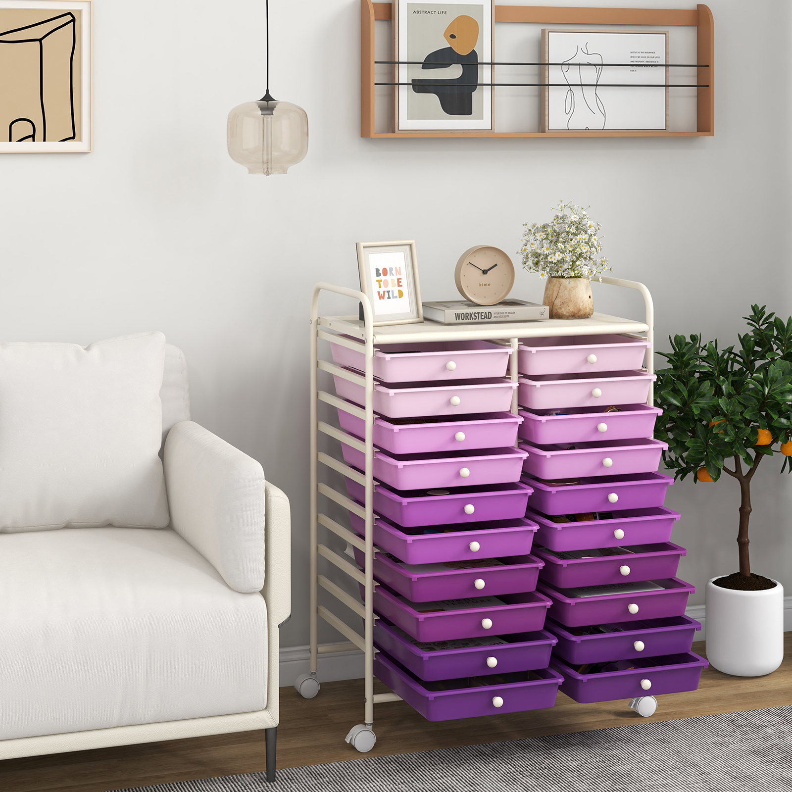With 20 Removable Drawers, Bathroom Trolley Side Trolley Including 2 Lockable Wheels, 360° Rotatable