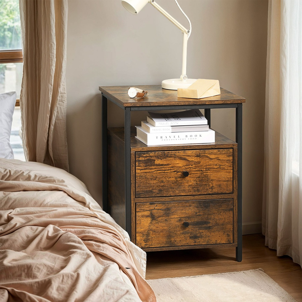 Nightstand, Side Table With Open Shelf, 2 Drawers, Living Room, Bedroom, Rustic Brown And Black