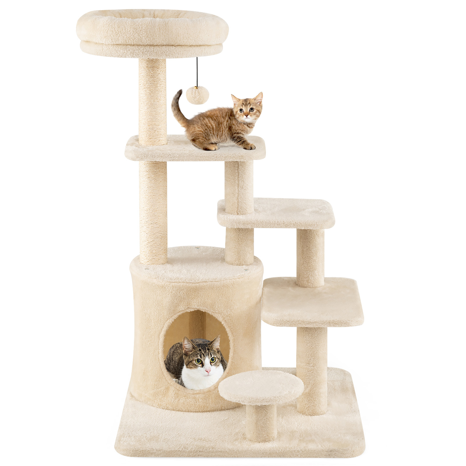 Arbre à chat en bois de 102 cm, 4 plateformes, perchoir rembourré et niche confortable.