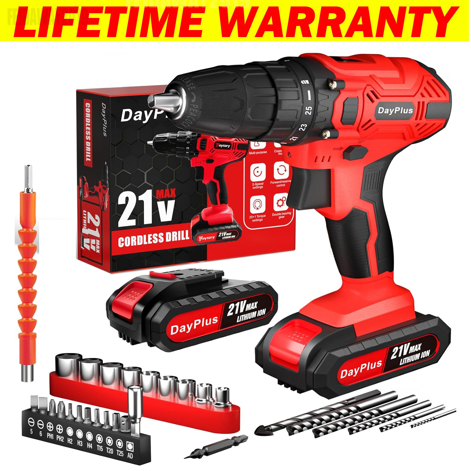cordless drill driver 21v electric drill kit with li   cordless   screwdriver 25 1 torque 45n   32pcs accessory 2 variable speed led light for home and garden   3 8 keyless  