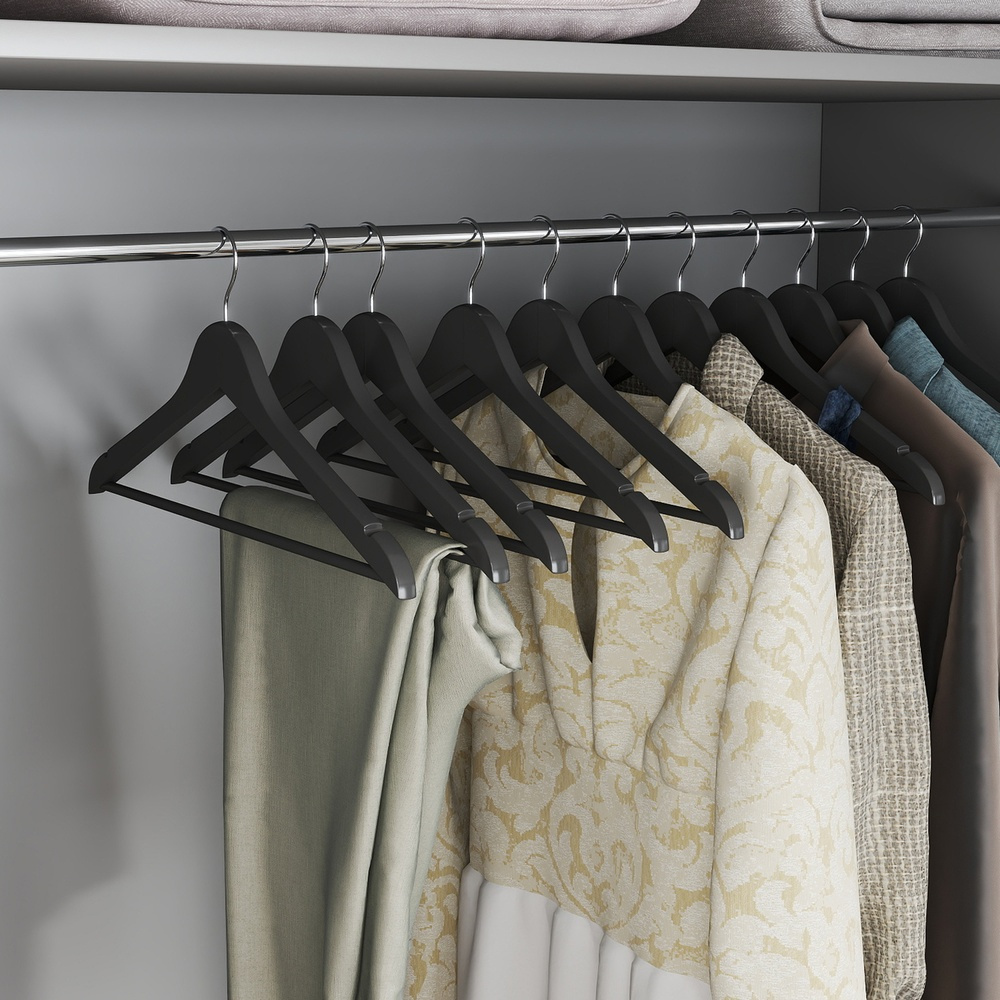 Image of Wooden Clothes Hangers, 10pcs Set, Hangers Made Of Solid Wood, Notches, Slip-resistant, 360° Rotatable Hook, Suits, Shirts, Black-silvery.