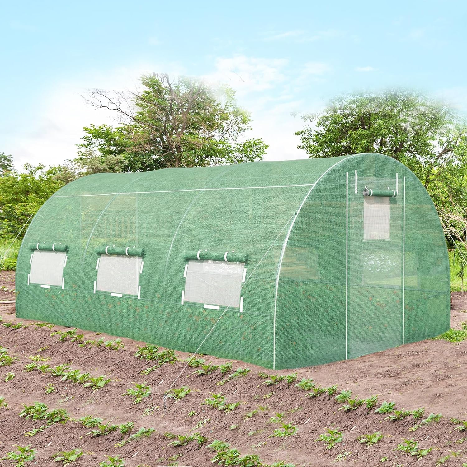 Garden Greenhouse, Tunnel Garden Greenhouses With Galvanized With 8 Side Windows And 2 Doors