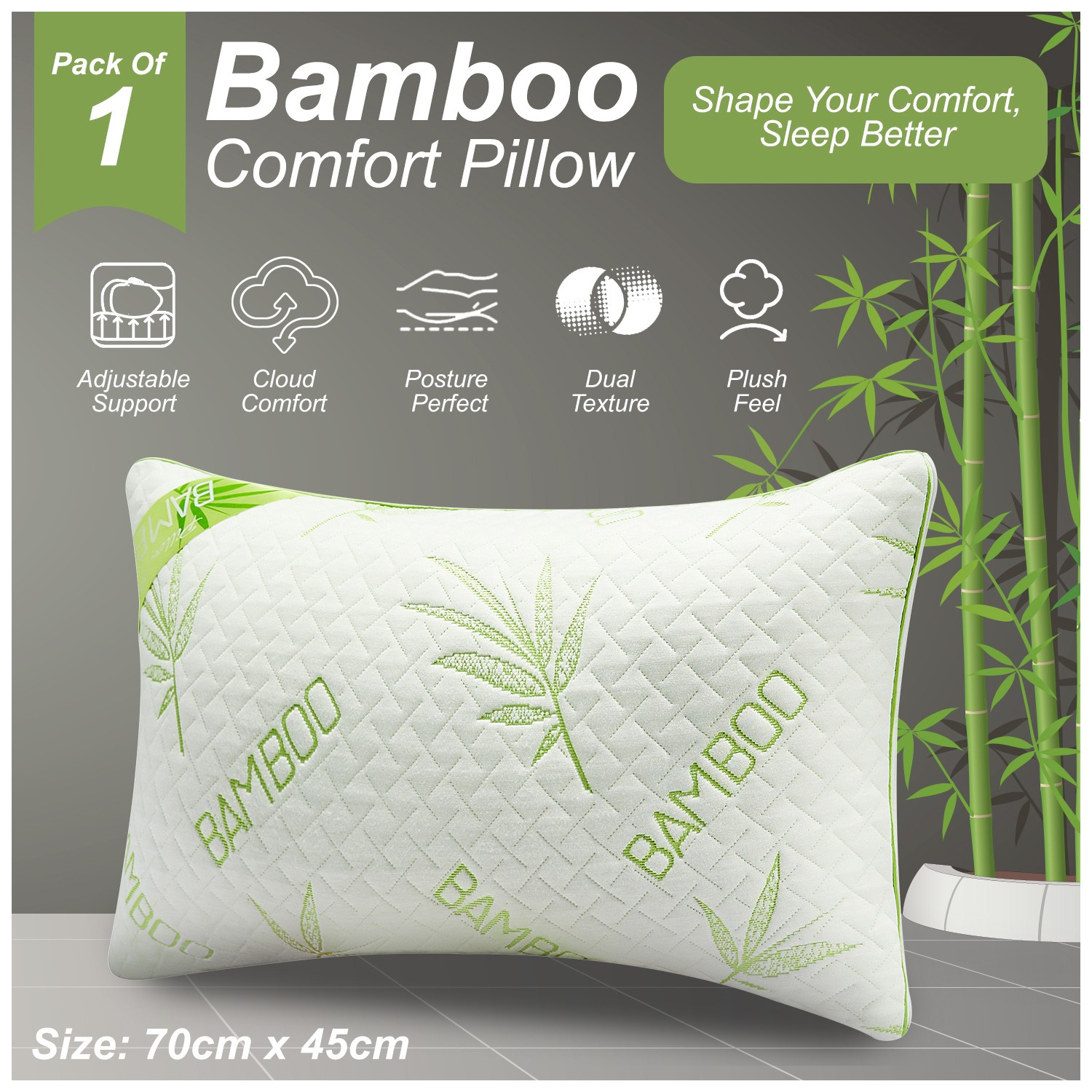 1-Pack Bamboo Memory Foam Pillow | Medium Firm | 50x70cm | Soft, Breathable & Durable | Head, Neck & Shoulder Relief | Removable Zip Cover | LOCAL WAREHOUSE | UK BRAND