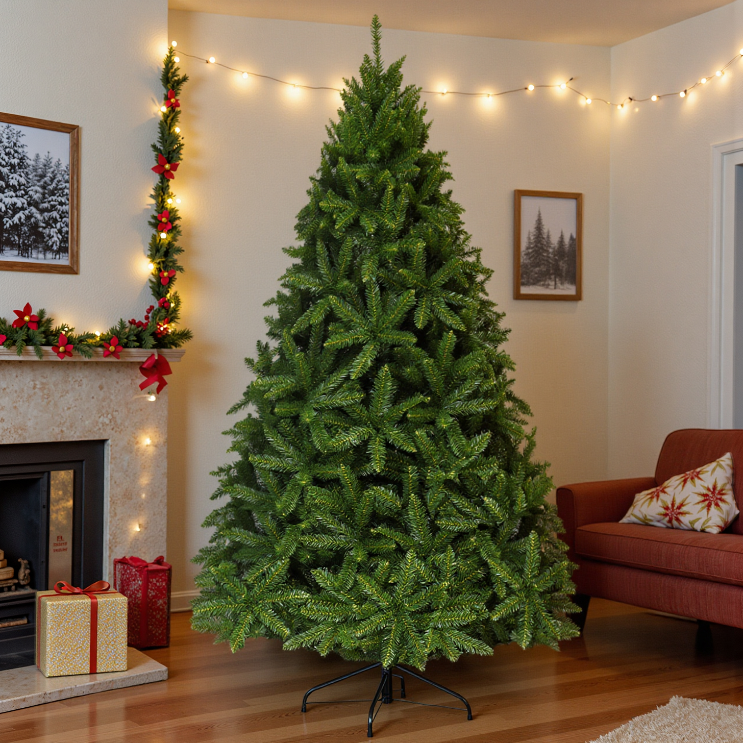 Image of 180cm Artificial Christmas Tree, Hinged With 1250 Branch Tips, Solid Foldable Metal Stand & Pvc Tips, Easy Assembly, Perfect For Indoor & Outdoor Holiday Decoration, Green