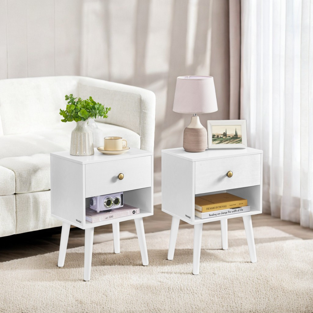 Image of Nightstand, 2-piece Set, Including A Side Table With Drawers And Open Shelves, Wooden Legs, Suitable For Living Room, Bedroom, Or As A Sofa Side Table, White