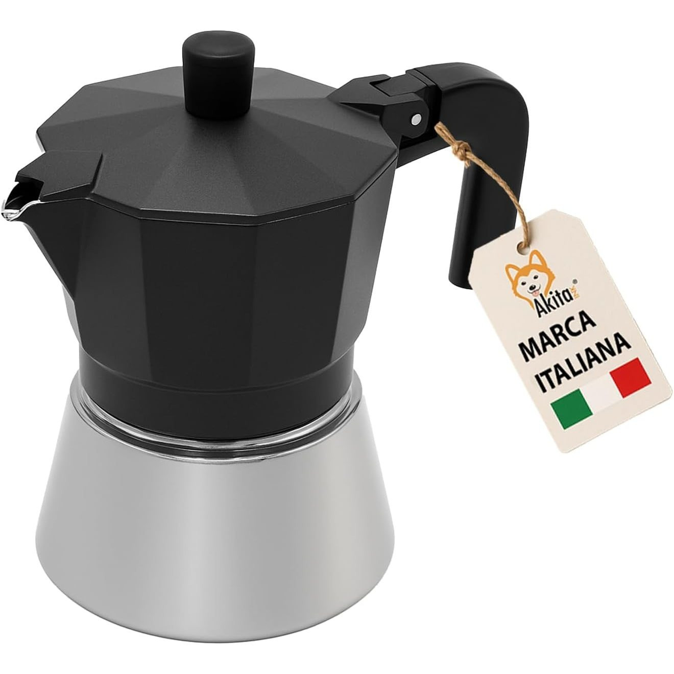 TEMU Akitaink Stainless Steel Black - Induction Espresso Maker, Elegant Design, Ergonomic Handle, Authentic , Suitable For All Cooktops (6 Cups)
