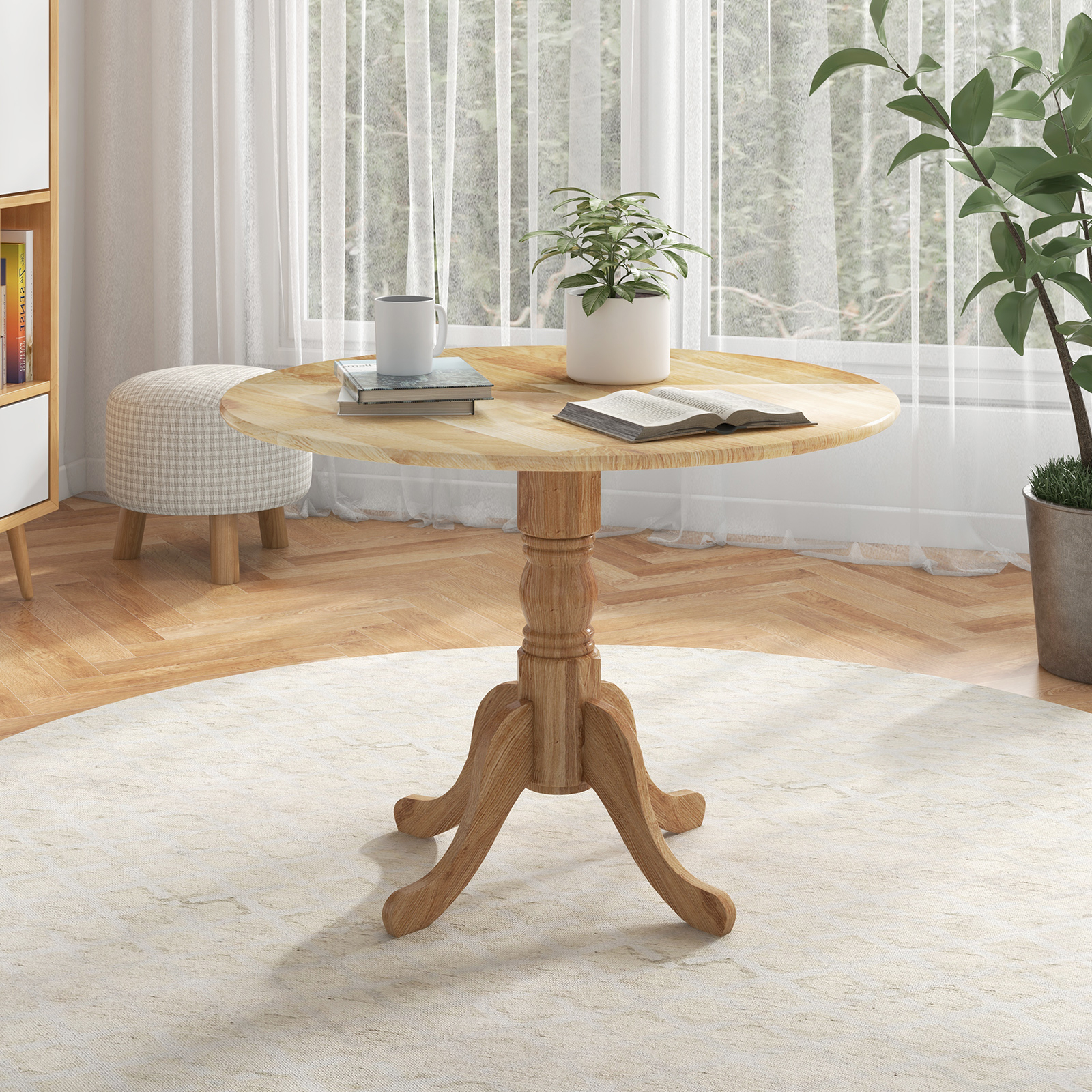 Image of 40 Inches Round Dining Table For 4, Rubber Wood Kitchen Table With Pedestal Base, Modern Leisure Table For Dining Room, Living Room And Office, Natural