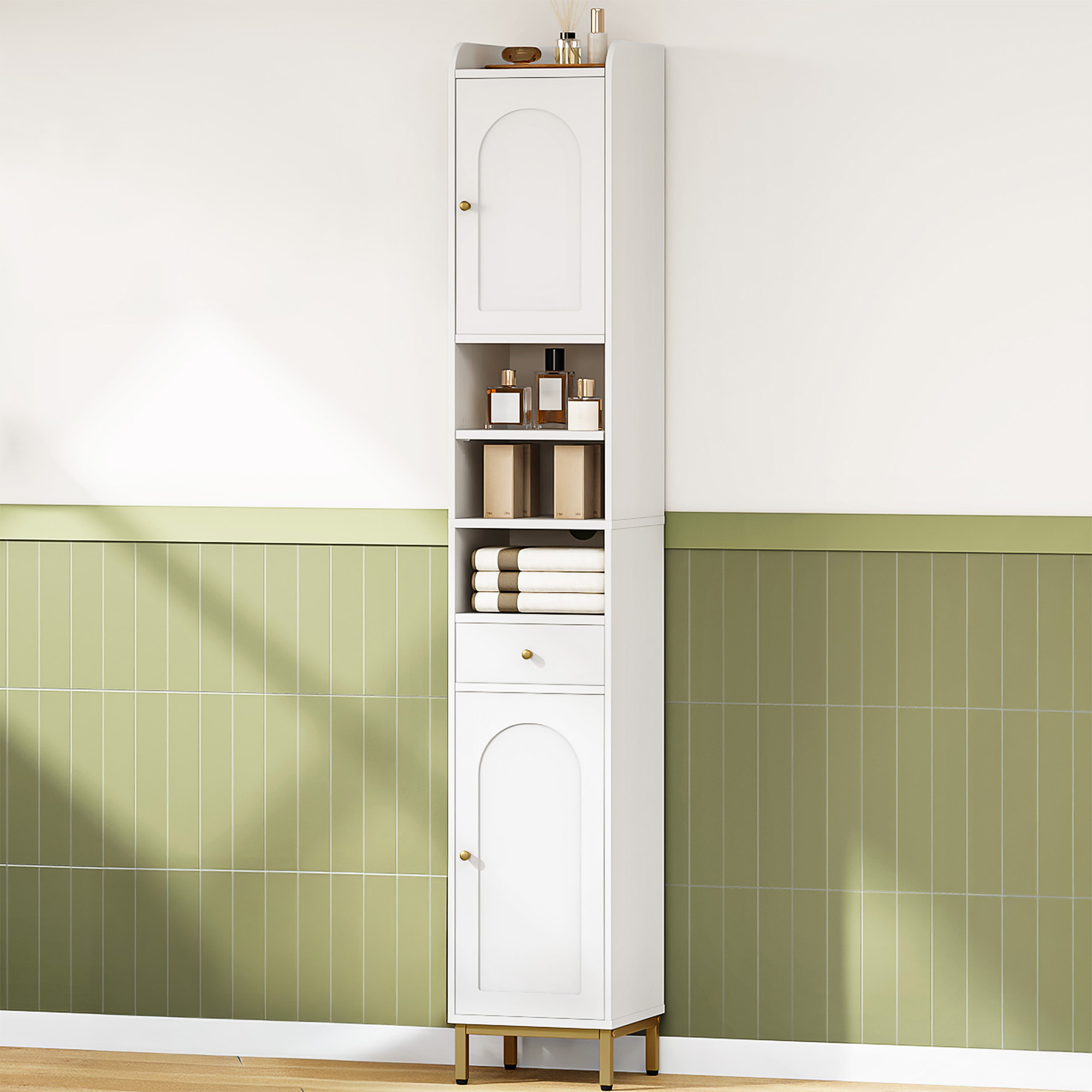 Image of Bathroom Cabinet, Tall Bathroom Cabinet, High Bathroom Cabinet With 2 Doors And Drawer, Open Shelf, Bathroom Cabinet With Adjustable Shelf For Living Room, Study, White.