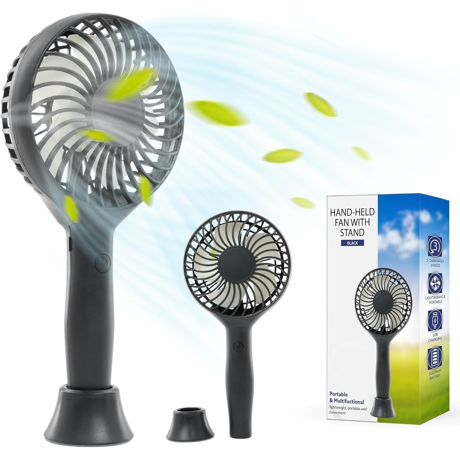 TEMU Tanness White/black Handheld Fan With 3 - 3000 Mah Usb Rechargeable Portable Mini Fan With Stand - Desk & Handheld Use