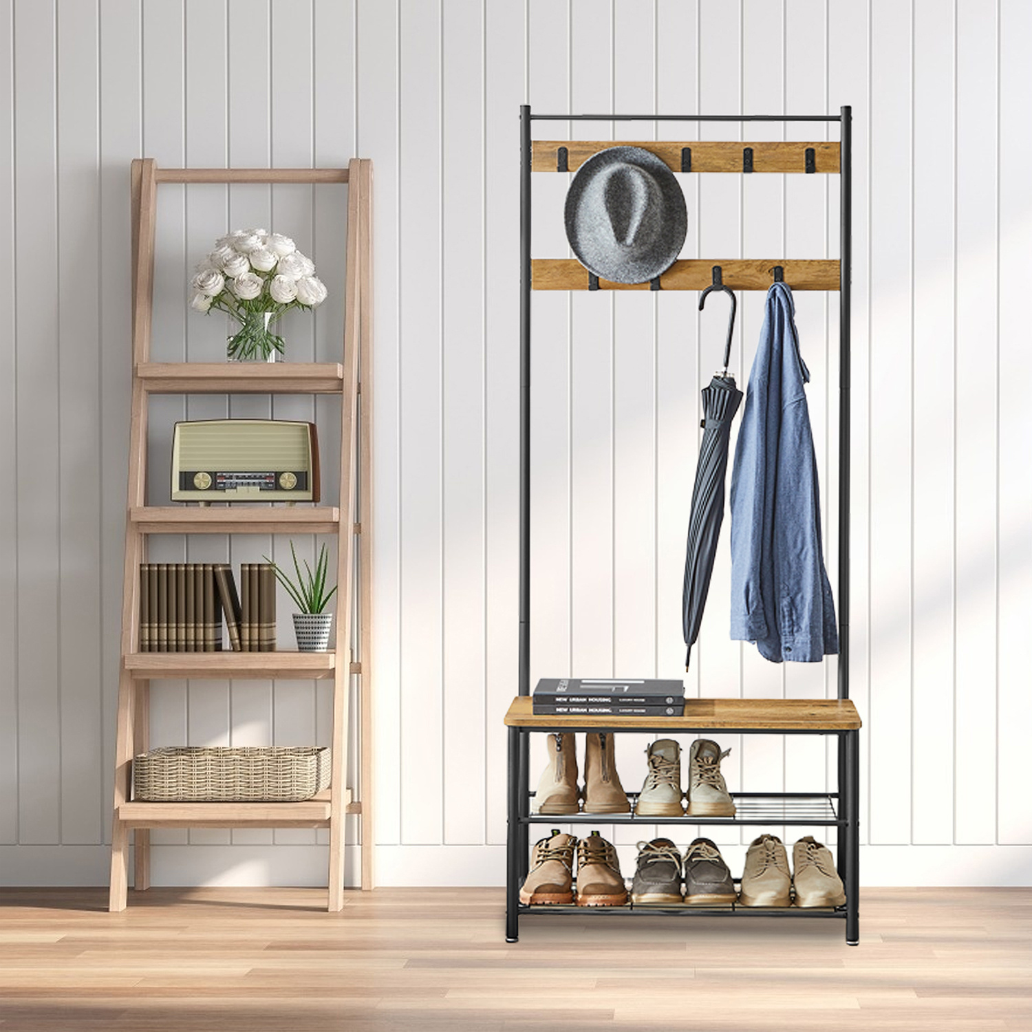 TEMU Portemanteau, 32 x 70 x 175 cm, avec Banc de Rangement pour Chaussures, Style Industriel