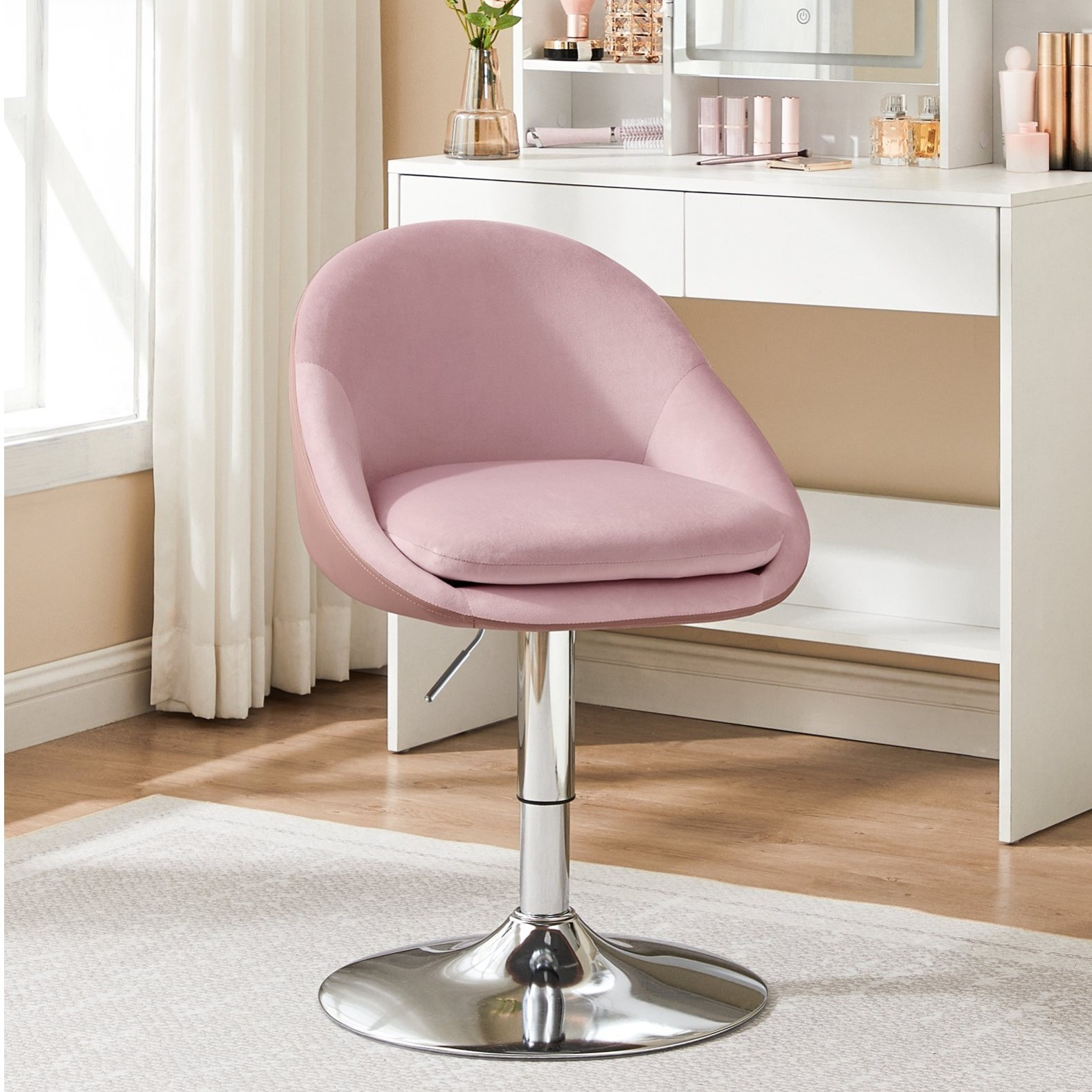 Image of Makeup Chair, Rotating, Adjustable, Upholstered, Office Chair, Stool With Backrest And Footrest, Steel Construction, Suitable For Counters, Offices, Makeup Tables, Restaurants, Light Pink.