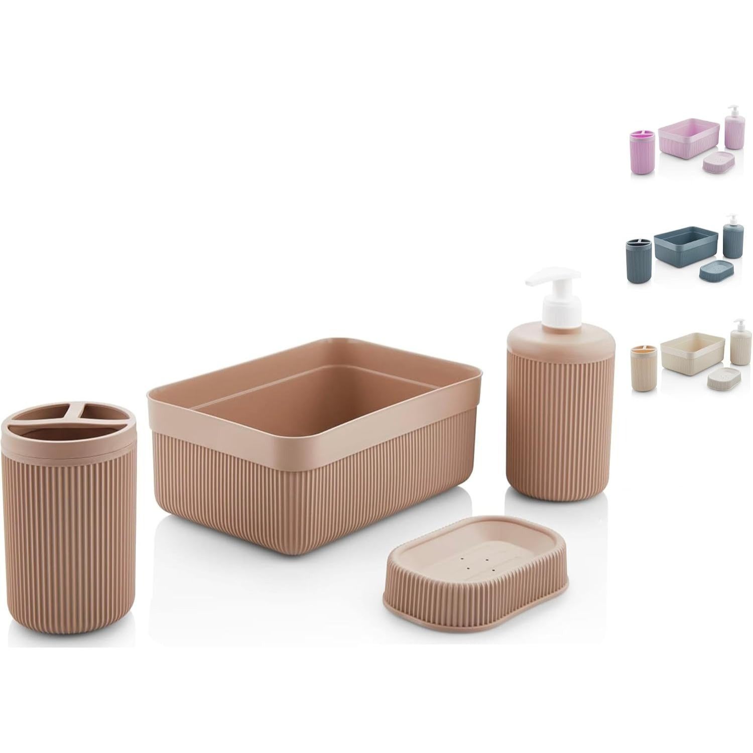 Akitaink Complete Bathroom Accessory Set - 4-piece Kit Includes Soap Dispenser, Soap Holder, Toothbrush Holder, Tray - Elegant And Functional For Your Bathroom, Assorted Colors