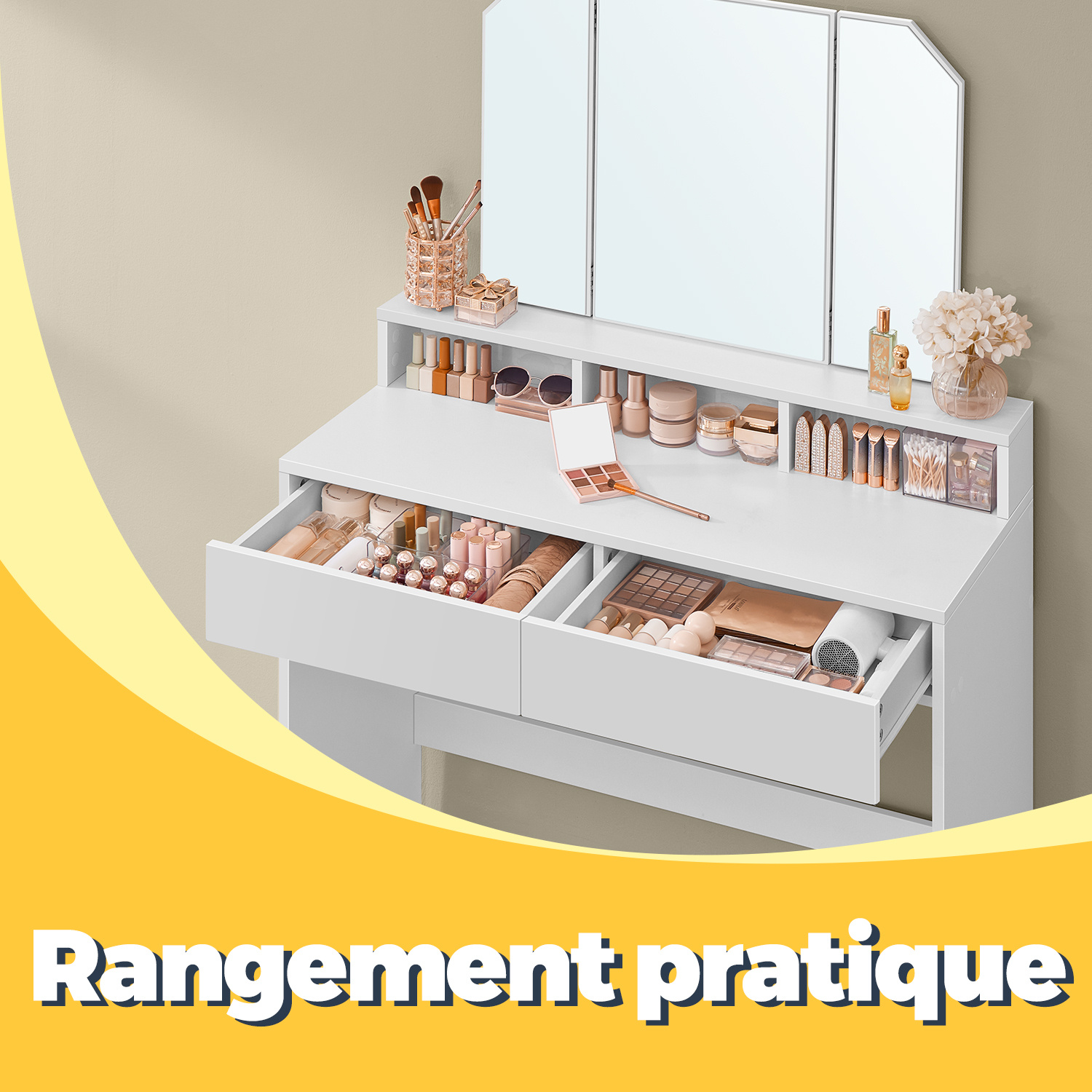 TEMU Coiffeuse, Pliable, avec 2 Tiroirs, 3 Compartiments de Rangement, Style Moderne, Blanc