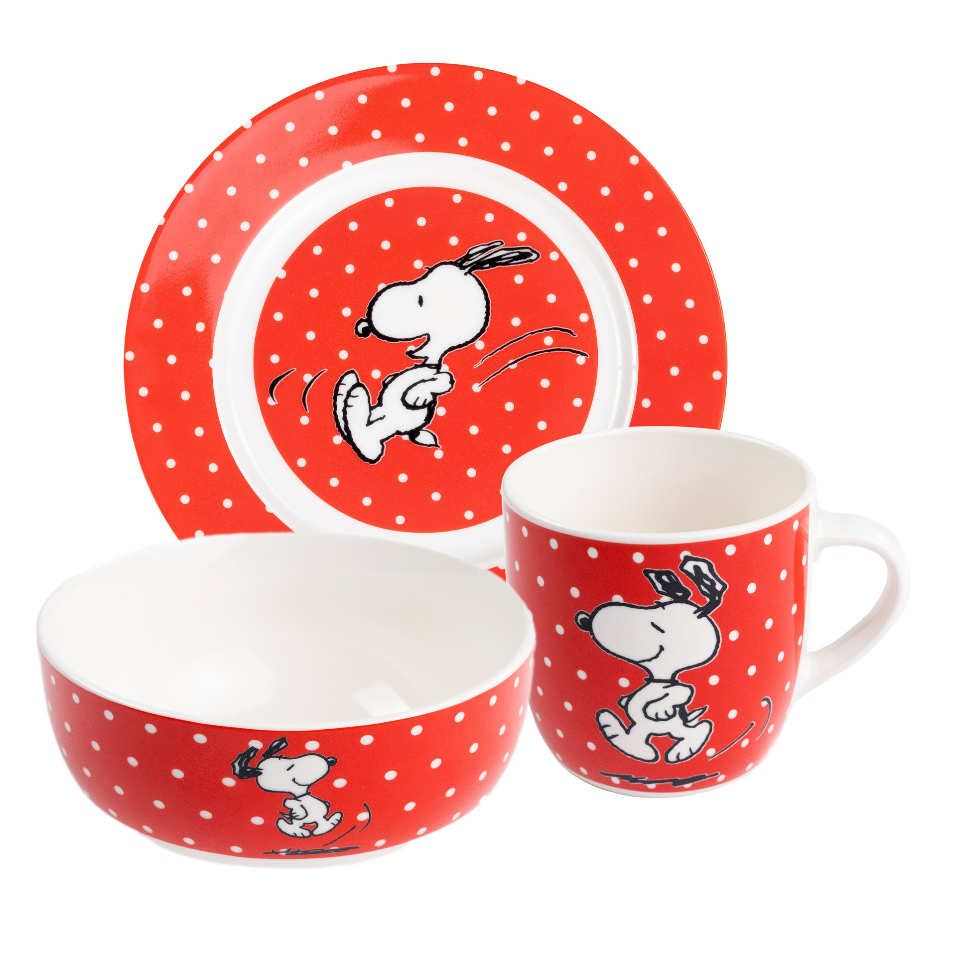 Image of The Breakfast Set - 3pcs Dish Set Plate, Bowl & Cup Red With Dots Made Of Porcelain