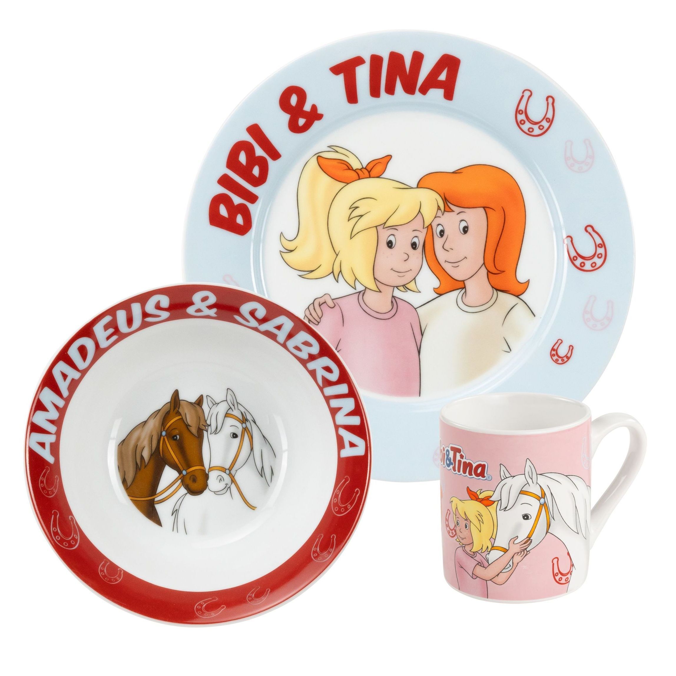 Image of Bibi & Tina Breakfast Set For Kids - Horse-themed Porcelain Tableware Set, 3-piece Plate, Bowl & Cup In Red/blue