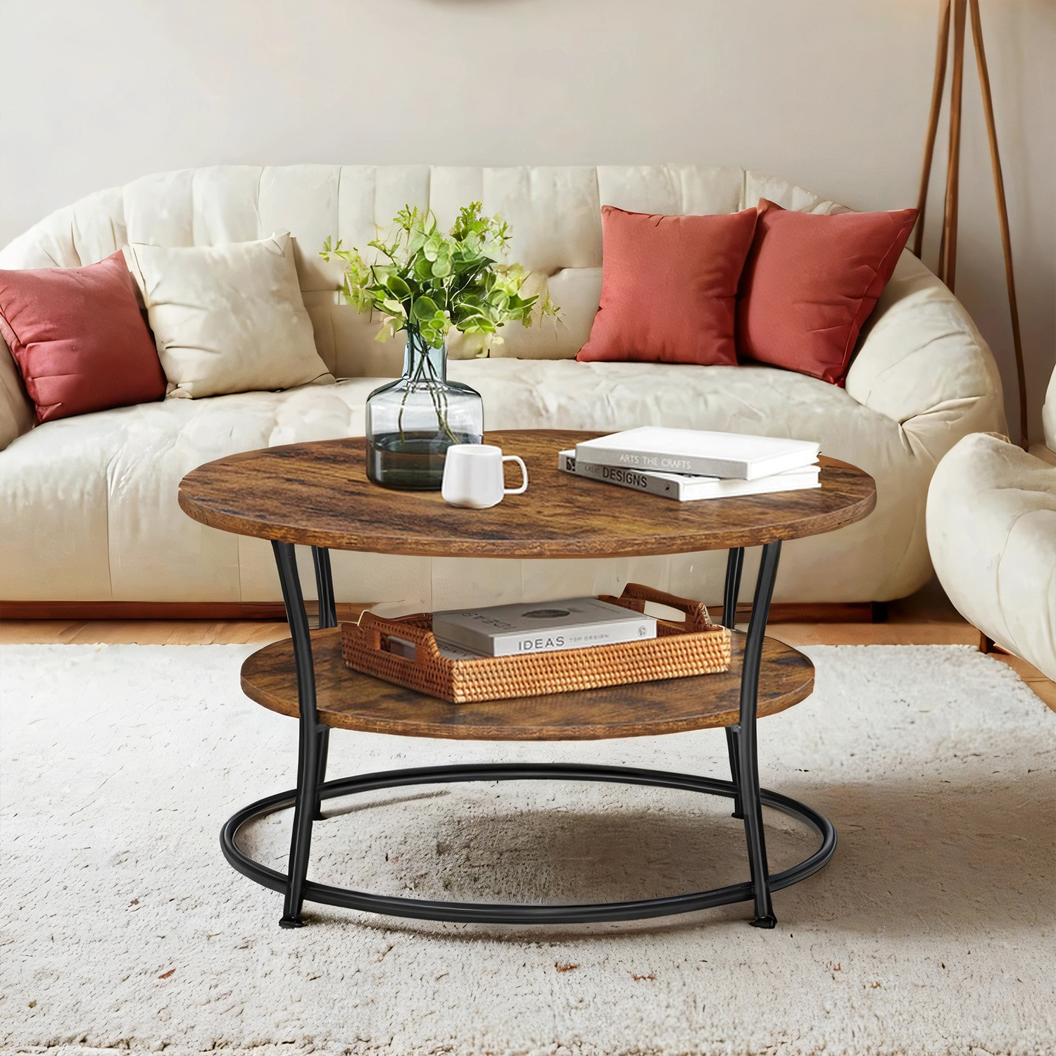 TEMU Table Ronde, Table Basse, avec Étagère de Rangement, Montage Facile, Cadre en Métal, Style Industriel, Marron et Noir