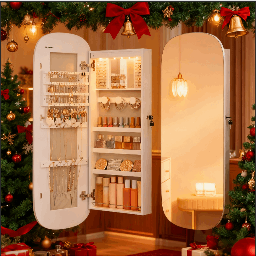 E-shop Schmuckschrank mit Spiegel ,Kapazität für Halsketten, Ohrringe, Armbänder, Uhren Ringe , Wandmontage Aufbewahrungsschrank mit LED-Lichtern und