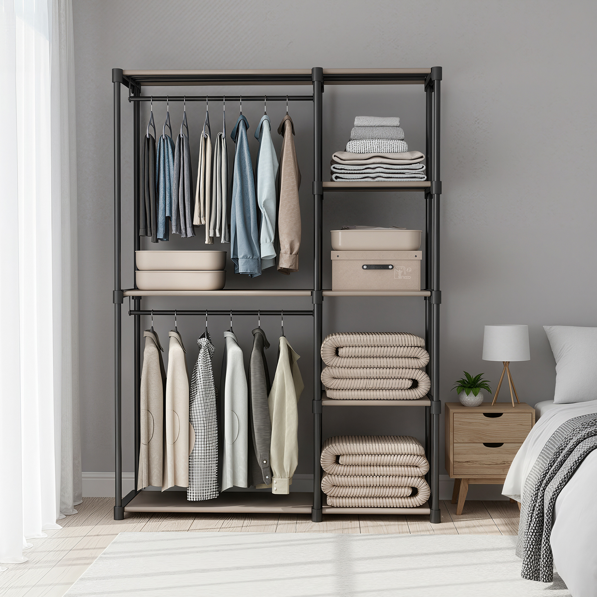 TEMU Armoire penderie, porte-manteau, avec à vêtements, organisateur de rangement ouvert pour chambre ou , taupe
