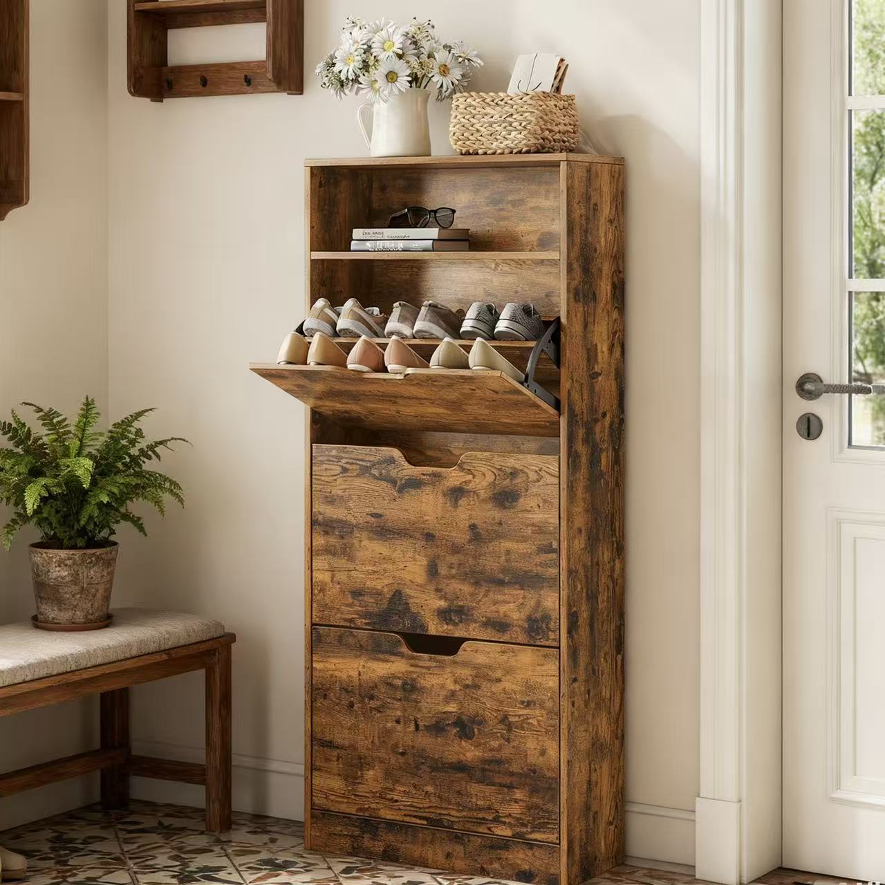 TEMU Shoe Rack, Three-door Shoe Cabinet, 24 X 60 X 139 Cm, Shoe Rack, Shoe Cabinet, Open Compartments, Adjustable Shelves, Space For 14-18 Pairs Of Shoes, Suitable For Corridors, .