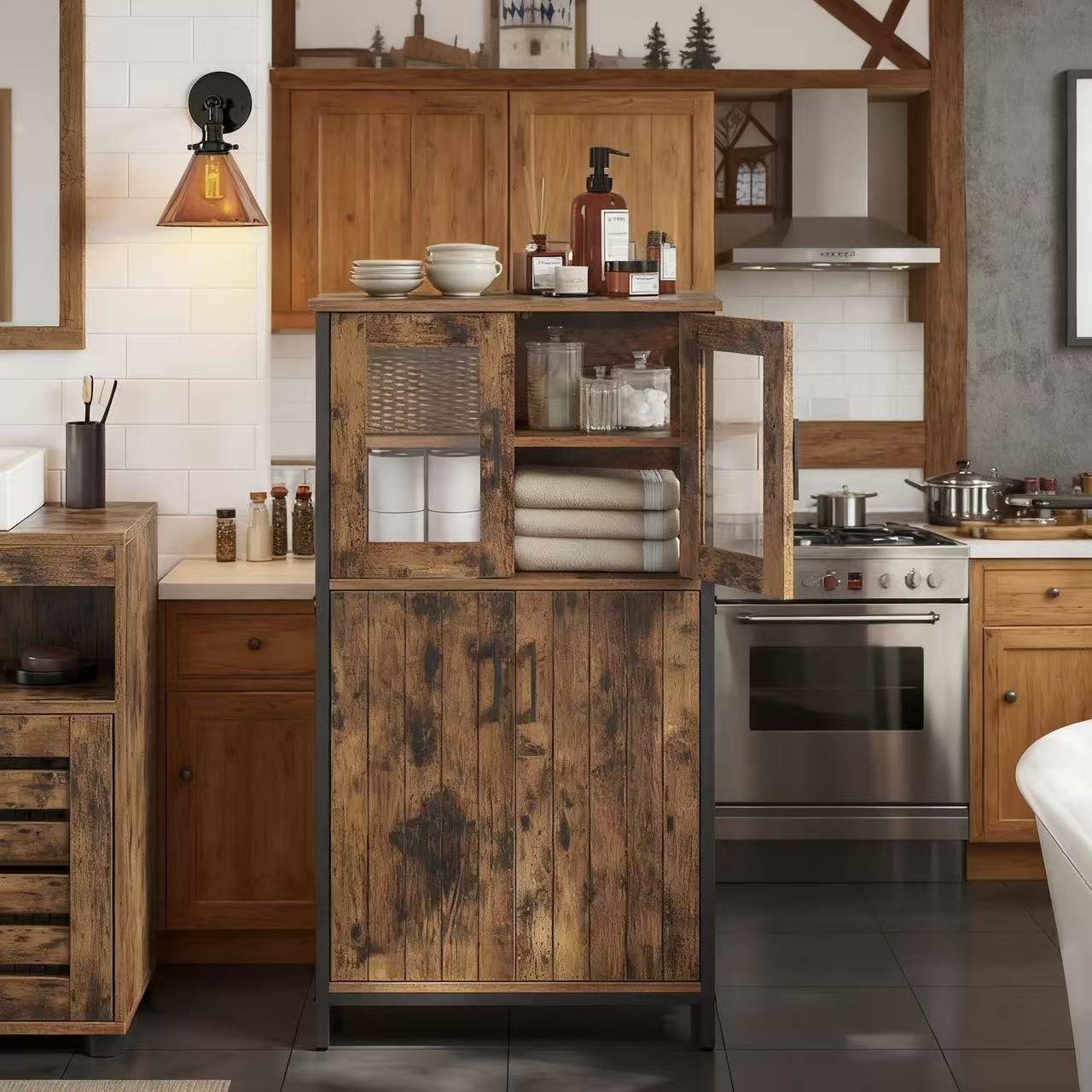 E-shop Aufbewahrungsschrank, Badezimmerschrank, Sideboard, Küchenschrank, 30 x 60 x 108 cm, verstellbare Einlegeböden, Stahlgestell, Industrial-Stil,