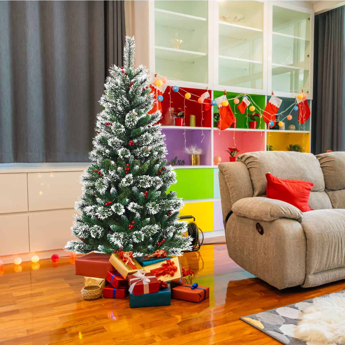 Image of 150cm Unlit Snow Flocked Artificial Christmas Tree, Premium Hinged Pine Christmas Tree W/ Red Berries, Sturdy Metal Base, Design, -up, 100% New Pvc Material, For Holiday
