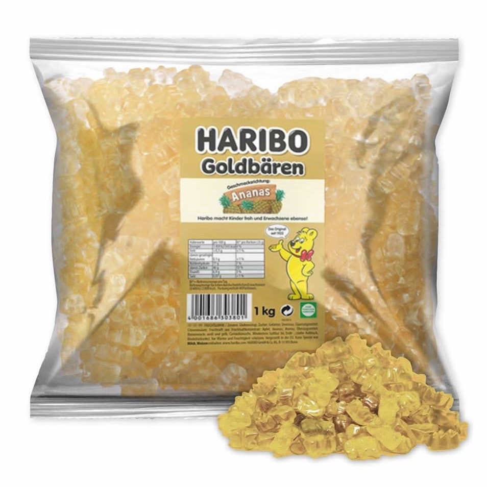E-shop Haribo Goldbären Ananas – Sortenrein 1 kg Beutel | Original Haribo Gummibärchen nur mit Ananas-Geschmack