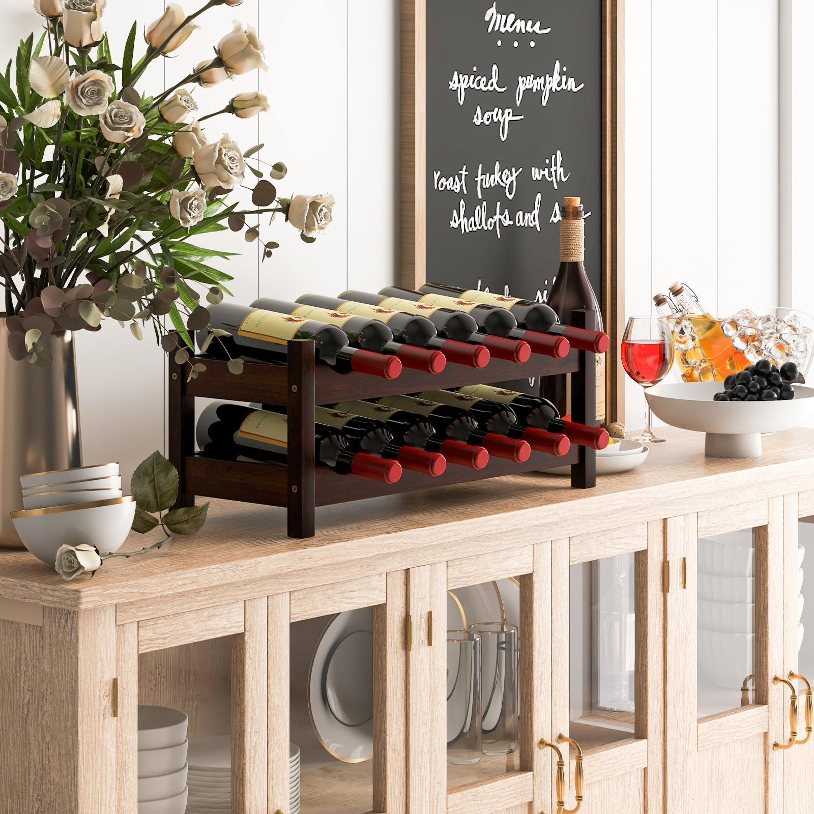 Image of Wine Rack, 12 Bottle 2-tier Wine Storage Organizer, Bamboo Wine Bottle Holder, Small Freestanding Wine Shelf For Countertop, Cabinet, Drink Organizer For Kitchen, Pantry, Wine Cellar, Bar