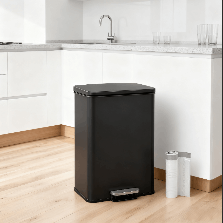 E-shop Mülleimer für Küche, 40 Liter,großer Abfalleimer mit Deckel, aus Stahl, Softclose, 15 Müllbeutel，schwarz