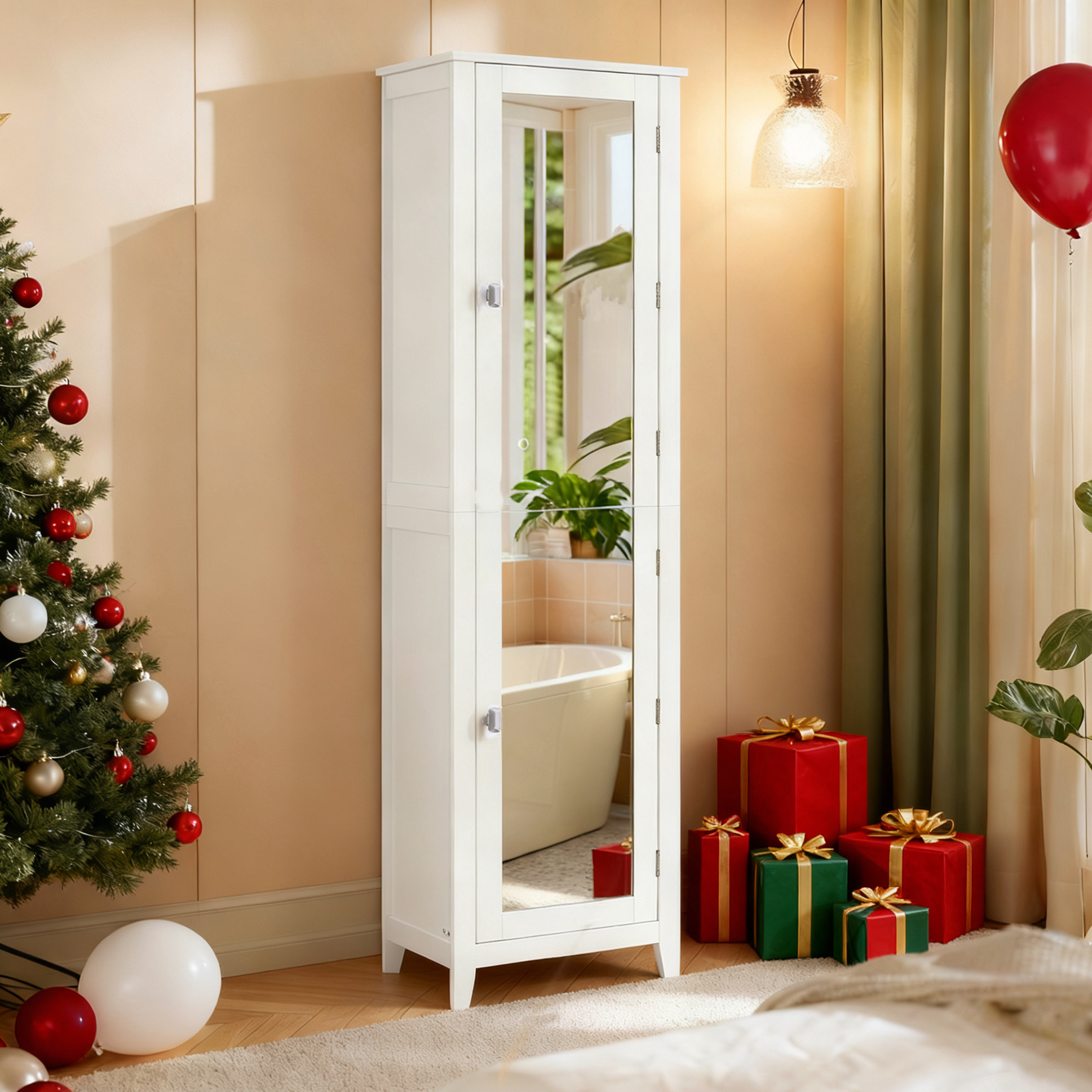 Image of Tall Cabinet, Bathroom Cabinet With Full-body Mirror, 30 X 40 X 160 Cm, Bathroom Cabinet With Adjustable Shelves, For Small Rooms, Living Room, Hallway, White