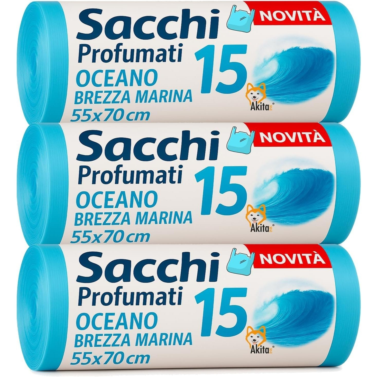 TEMU Akitaink - Sacchi spazzatura con Manici - Profumati - 3 Rotoli 45 pz, Sacchi da 45L | Misure 55x70cm | Sacchetti per la Spazzatura di Qualit�