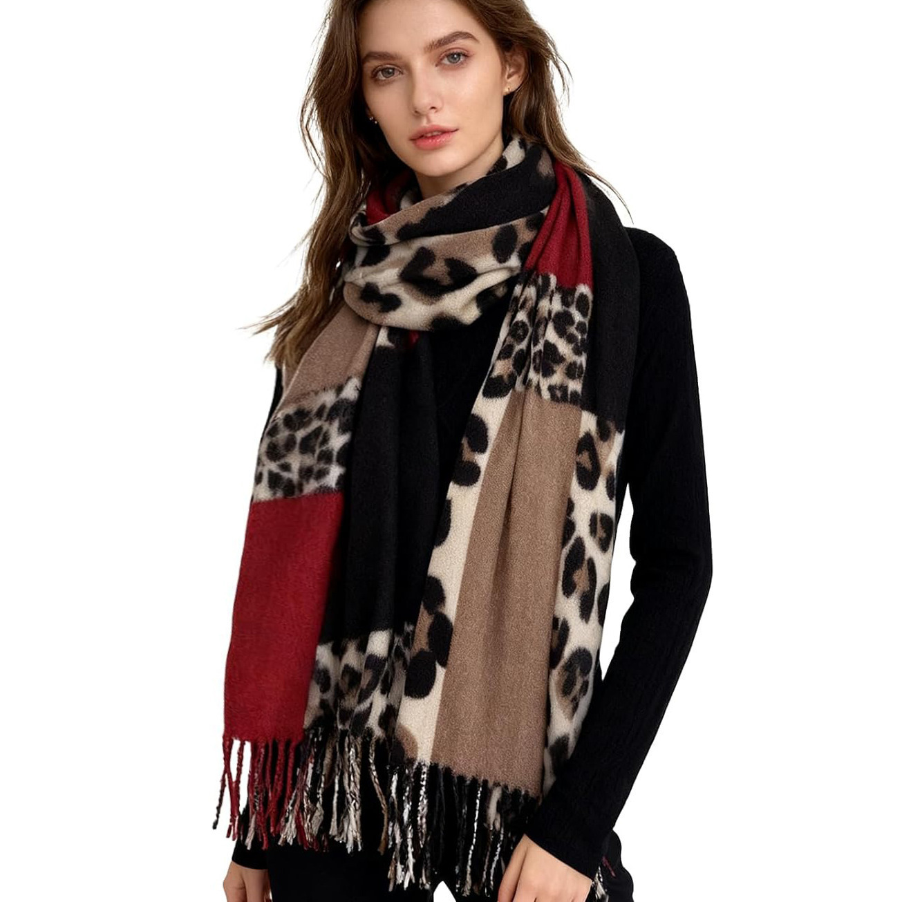 Image of Women's Warm Autumn Winter Leopard Print Scarf - Cashmere Feel Leo Neck Scarf With Fringes, Winter Scarf For Women As Shawl & Animal Print Scarves And Shawls For Evening Dress