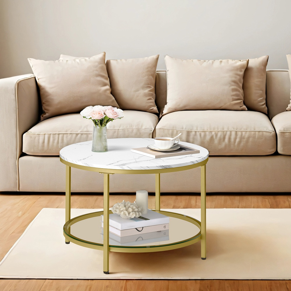 TEMU Table Basse, Table de Salon, Table Canapé Apéro, Façon Marbre, Support en Verre Trempé, Facile à Assembler, pour Salon, Style Moderne, Blanc et