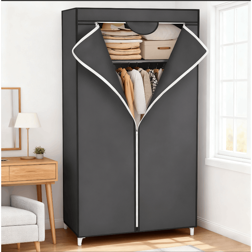 Image of Fabric Wardrobe With Hanging Rod, Foldable, Simple Closet Organizer For Toys, Shoes, Bags, Living Room, Bedroom, Wardrobe, 160x75x45 Cm