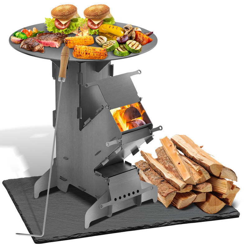 TEMU Rocket Stove Camping Stoves Wood Burning Stoves For Wood Burning With Grill Plate, Fire Hooks, And 2 Feet, Camping Stove Wood Stove Outdoor Camp