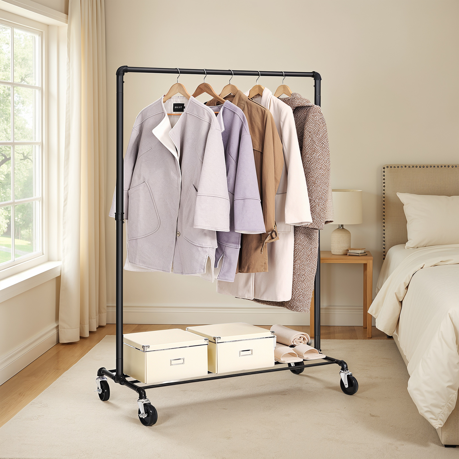 TEMU Portant à Vêtements sur Roulettes, pour Chambre, Structure Robuste avec 1 Barre et Étagère, 2 Roulettes avec Frein, Maximale de 90 kg, Noir