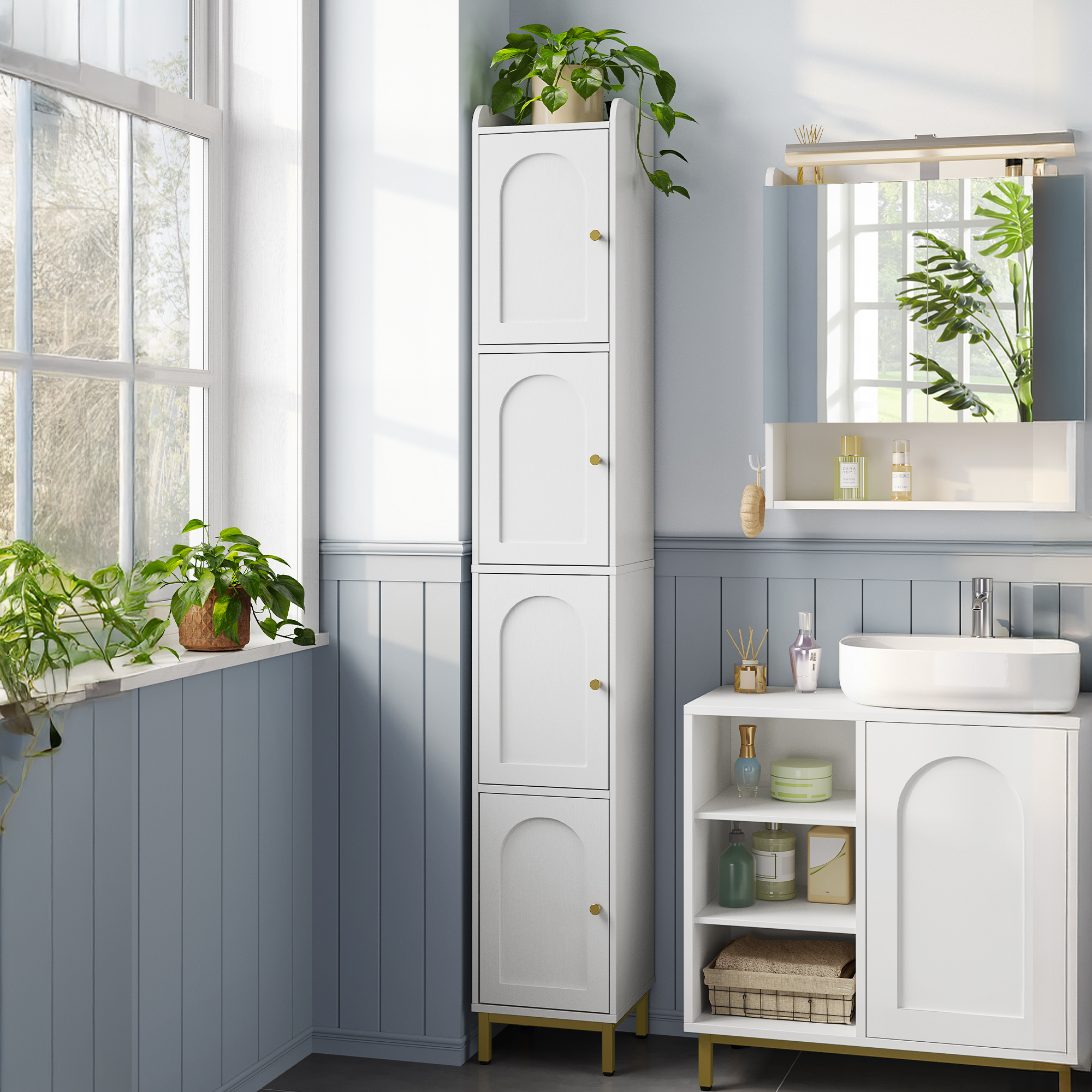 E-shop Badezimmerschrank, Hochschrank Badezimmer mit 4 Türen, schlanker Badschrank, badschrank schmal hoch, verstellbaren Ablagen, Wohnzimmer, Küche,